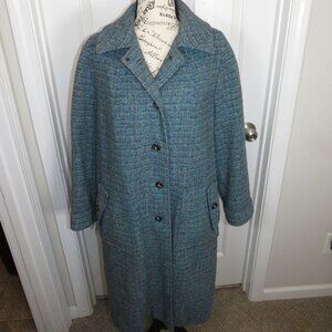 VTG Harris Tweed Women Trench Wool Peacoat Teal Blue Plaid Large Overcoat 10/12